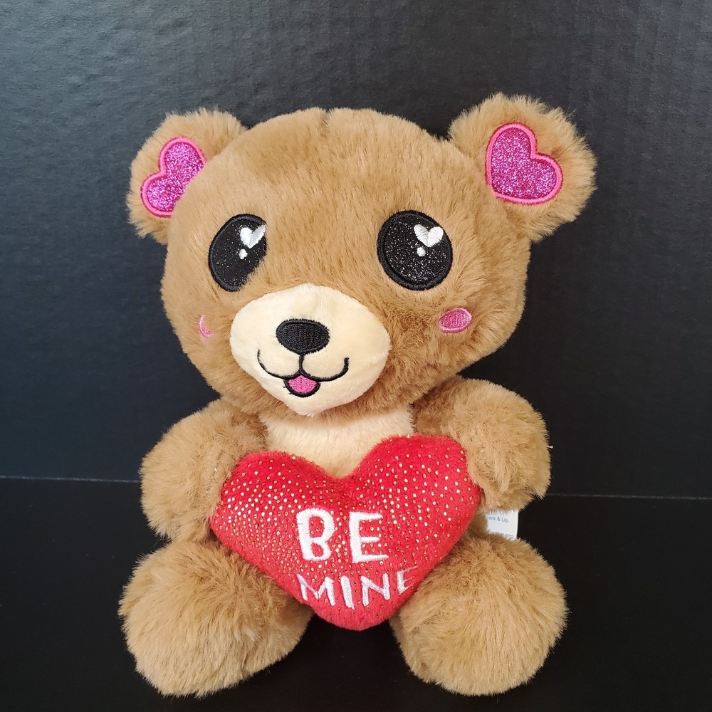 MTY Int'l BE MINE Brown Teddy Bear Plush Valentines Day 8" Glitter‎ Heart Ears